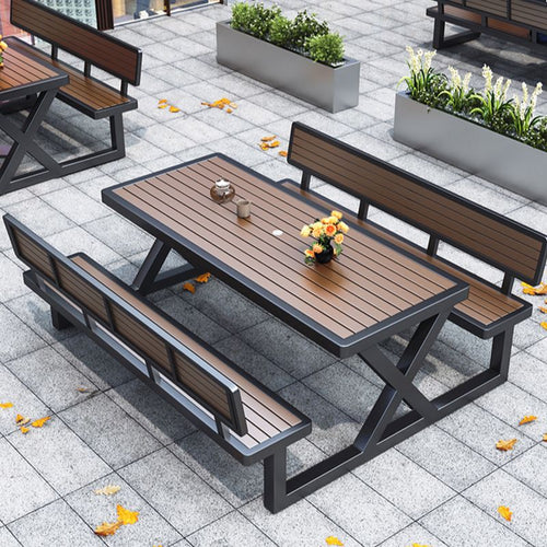 Einfacher Outdoor-Picknicktisch in Kakao, UV-beständig mit rechteckigem Metallrahmen