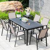 Einfacher Terrassentisch mit schwarzer UV-beständiger rechteckiger Tischplatte und Metallrahmen