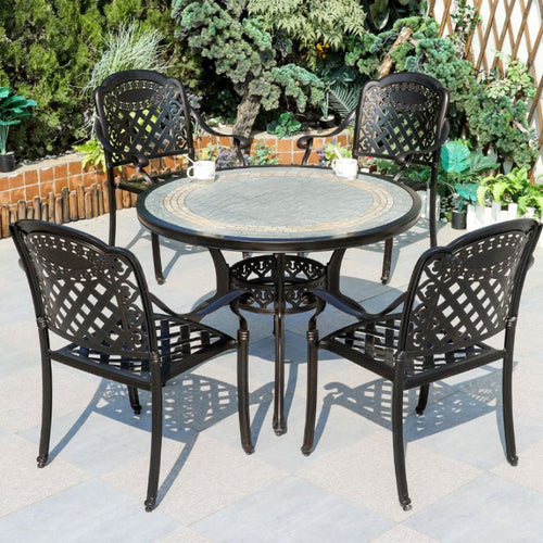 Moderner Outdoor-Esstisch mit Keramik-Grau/Holzmaserung-Oberfläche