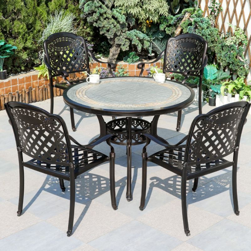 Moderner Outdoor-Esstisch mit Keramik-Grau/Holzmaserung-Oberfläche