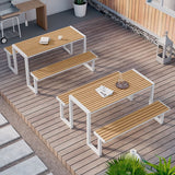 Einfacher Outdoor-Picknicktisch in Schwarz/Weiß/Hellbraun, UV-beständiger rechteckiger Metallrahmen