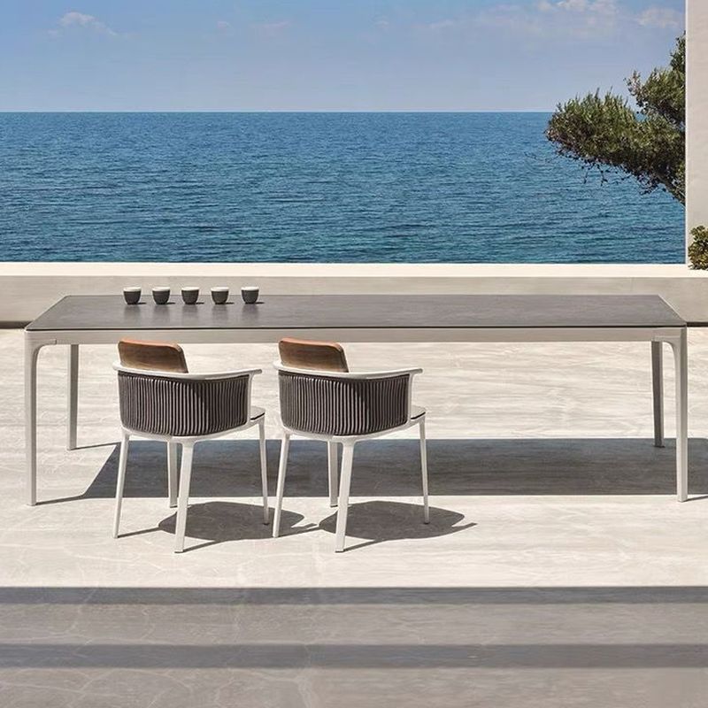 Einfacher Terrassentisch/Outdoor-Bartisch mit Teak- und Steinplatte in Hellgrau/Naturfarbe, rechteckig/rund