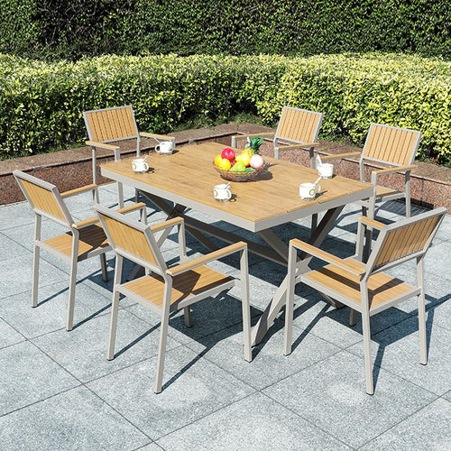 Einfacher Terrassentisch mit natürlicher Farbe, UV-beständiger rechteckiger/runder Metallrahmen