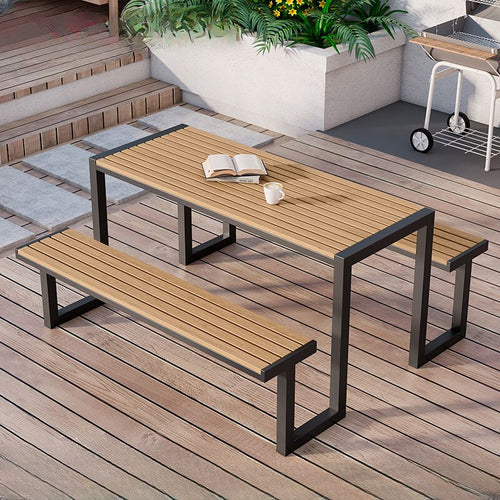 Einfacher Outdoor-Picknicktisch in Schwarz/Weiß/Hellbraun, UV-beständiger rechteckiger Metallrahmen