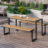 Einfacher Outdoor-Picknicktisch in Schwarz/Weiß/Hellbraun, UV-beständiger rechteckiger Metallrahmen