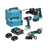 Makita DLX3195JX1 18V Kombo-Kit LXT, DDF484, DGA504, DHR243, Ladegerät, 2x 5,0 Ah Akkus und Koffer