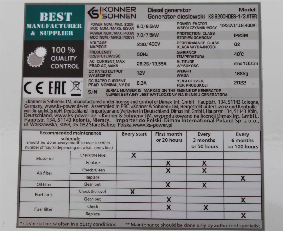 K&S 7,5 KW Diesel KS9200HDES-1/3 ATSR Stromaggregat Stromerzeuger