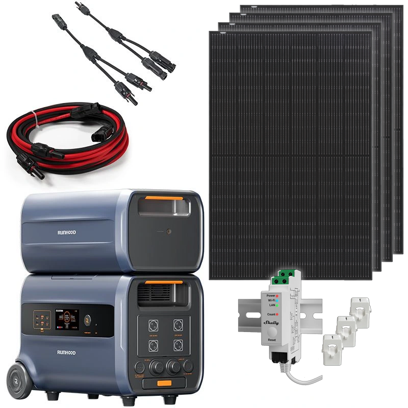 [RUNHOOD PV BUNDLE] Balkonkraftwerk mit RUNHOOD F2400 + B2400 + SHELLY Smart Meter + 4 x 435 W Bifacial Black Solar Panel + 2 x parallel Kabel MC4 + 5m MC4 Kabel
