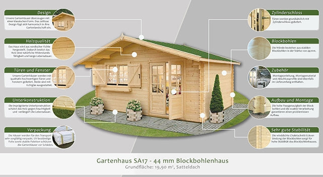 Gartenhaus SA17 - 44 mm Blockbohlenhaus, Grundfläche: 19,90 m², Satteldach
