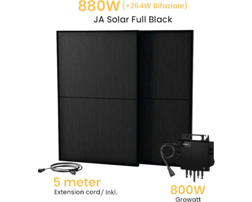 Balkonkraftwerk Set, JaSolar 2x PV-Module Bifacial Double Glas 430-455, Growatt Wechselrichter, 5m Kabel