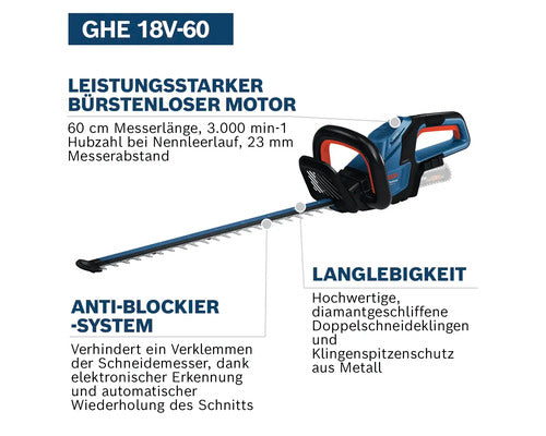 Akku-Heckenschere Bosch Professional GHE 18V-60, ohne Akku und Ladegerät