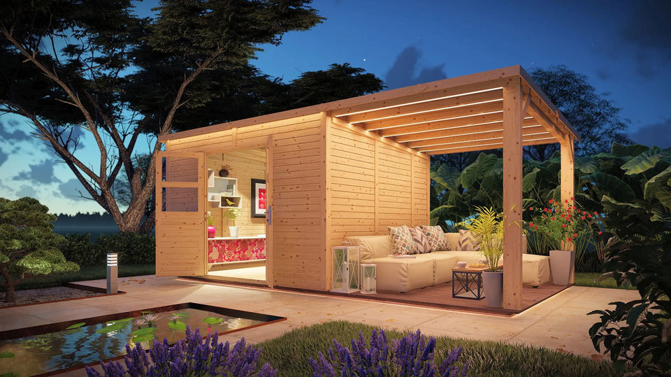 Gartenlaube unbehandelt inkl. Anbaudach und Fußboden, Elementgartenhaus, Grundfläche: 16,41 m², Flachdach, Doppeltür mit Sicherheitsglas