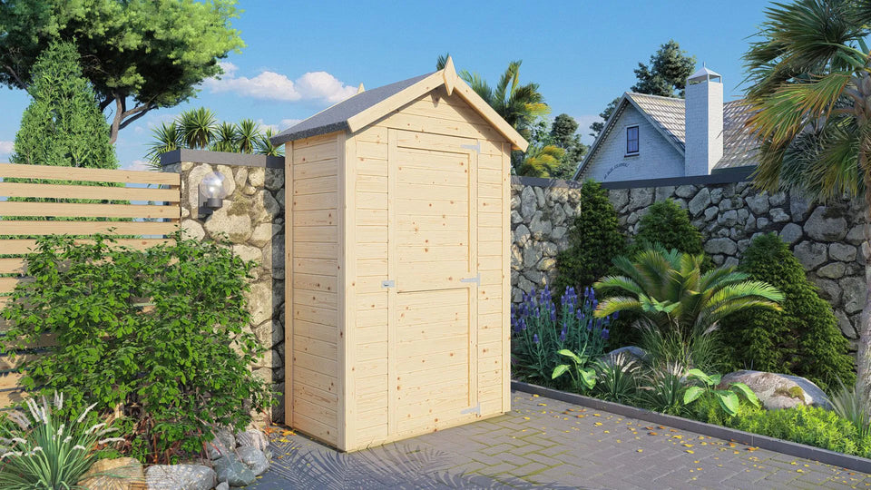 Gerätehaus Korbach 01 inkl. Fußboden, Naturbelassen, Elementgartenhaus, Außenmaße: 121 x 63 cm, Satteldach, Einzeltür aus Massivholz