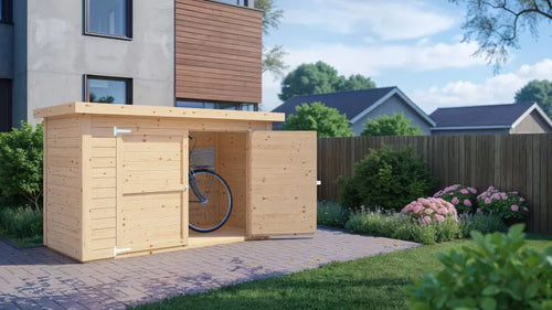 Gerätehaus Kesten 01 inkl. Fußboden, Fahrradgarage, Naturbelassen - Elementgartenhaus, Grundfläche: 2,11 m², Flachdach, Doppeltür aus Massivholz