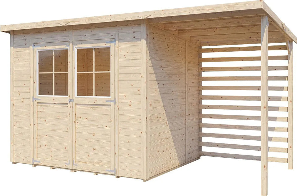 Steiner Gartenhaus Glücksburg 04 | inkl. Schleppdach | inkl. Fußboden | Naturbelassen | Nutzfläche: 6,87 m² | Pultdach | Doppelflügeltür inkl. Fenster