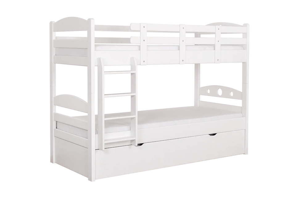 Stockbett für Erwachsene "Easy Premium Line" K18/h inkl. Liegeplatz und 2 Abdeckblenden, Kopfteil mit Löchern, Buche Vollholz massiv Weiß - Liegefläche: 90 x 200 cm, teilbar