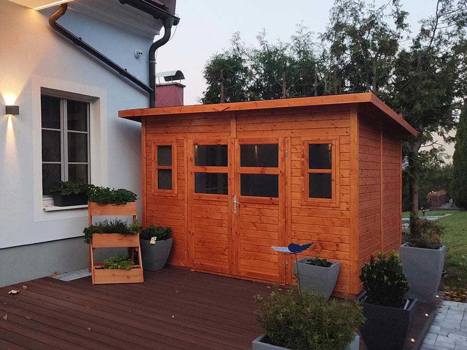 Gerätehaus Freiberg 04 inkl. Fußboden, Naturbelassen - 19 mm Elementgartenhaus, Nutzfläche: 7,15 m², Pultdach