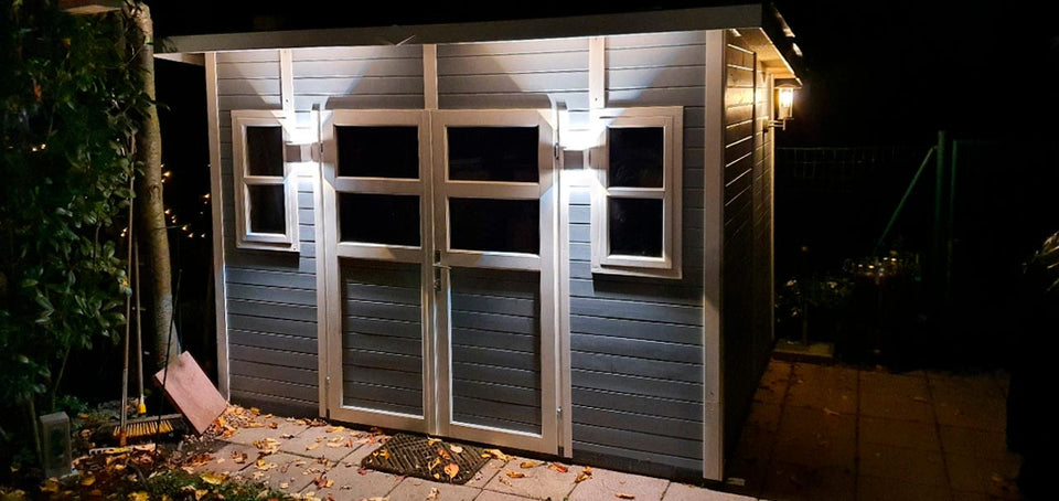 Gerätehaus Freiberg 04 inkl. Fußboden, Hellgrau lackiert - 19 mm Elementgartenhaus, Nutzfläche: 7,15 m², Pultdach