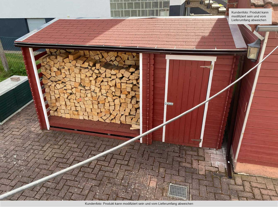 Kaminholzunterstand mit Schrank - 332 x 118 x 199 cm (L x B x H) aus 19 mm Blockbohlen - inkl. Dachpappe