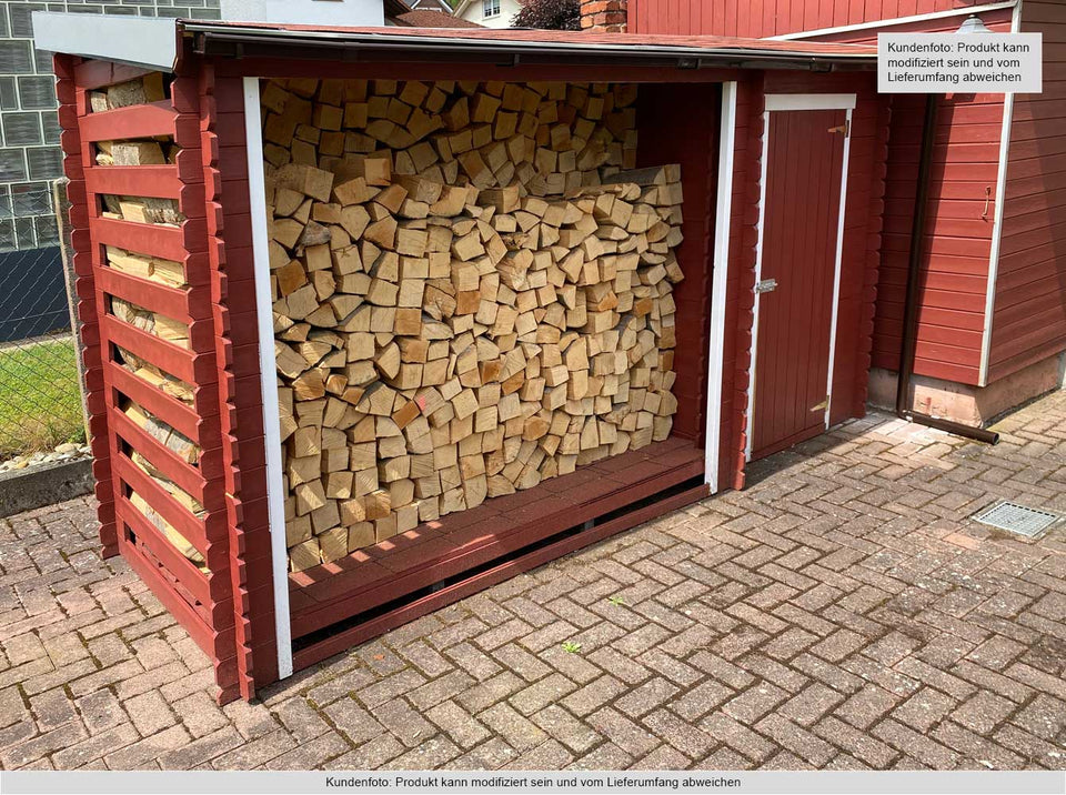 Kaminholzunterstand mit Schrank - 332 x 118 x 199 cm (L x B x H) aus 19 mm Blockbohlen - inkl. Dachpappe