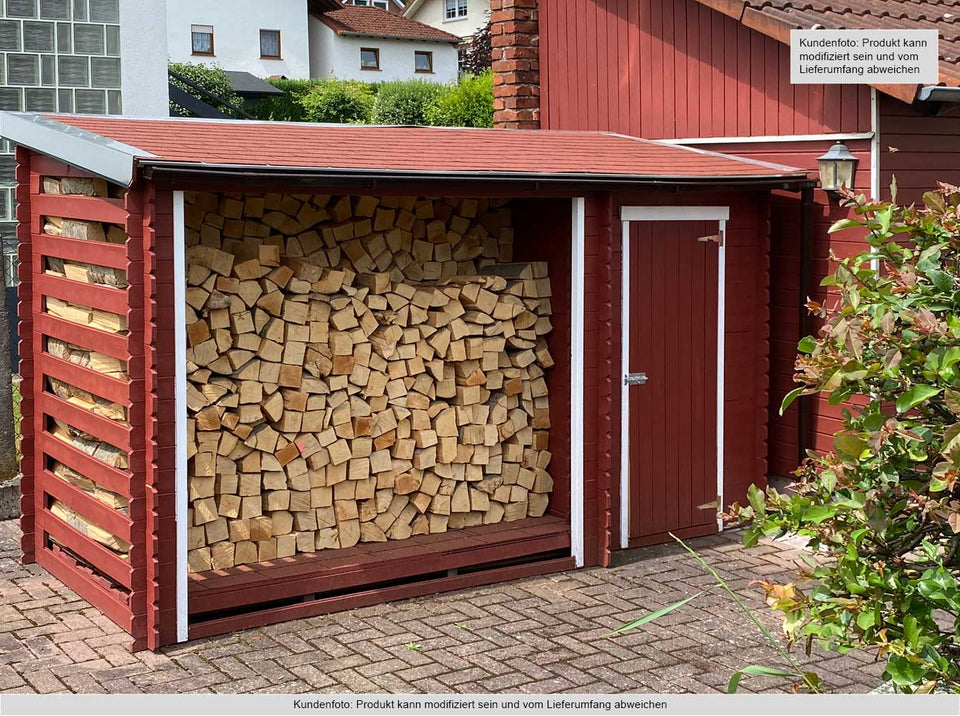 Kaminholzunterstand mit Schrank - 332 x 118 x 199 cm (L x B x H) aus 19 mm Blockbohlen - inkl. Dachpappe
