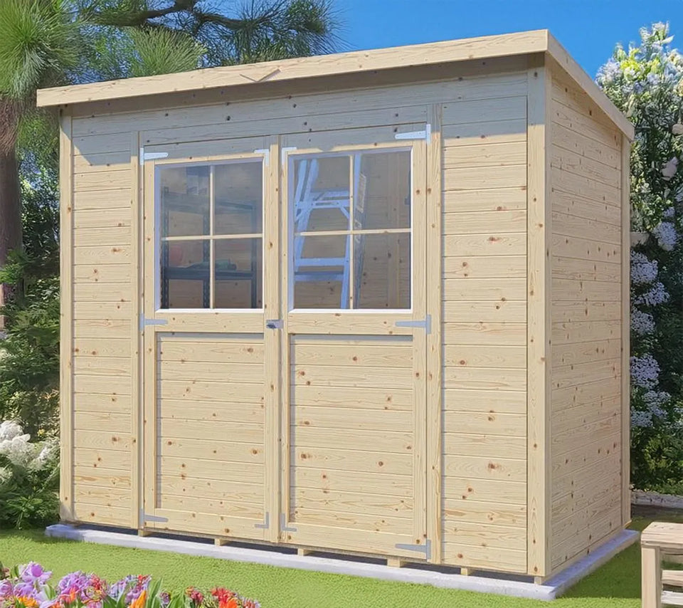 Steiner Gartenhaus Glücksburg 02 | Doppelflügeltür inkl. Fenster | inkl. Fußboden | Naturbelassen | Nutzfläche: 2,92 m² | Pultdach | Holz-Gerätehaus