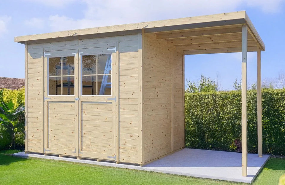 Steiner Gartenhaus Glücksburg 04 | inkl. Schleppdach | inkl. Fußboden | Naturbelassen | Nutzfläche: 6,87 m² | Pultdach | Doppelflügeltür inkl. Fenster