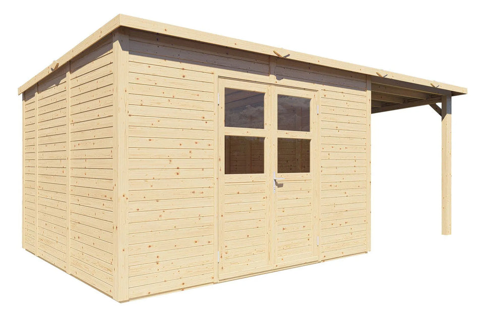Gartenlaube unbehandelt inkl. Anbaudach und Fußboden, Elementgartenhaus, Grundfläche: 16,41 m², Flachdach, Doppeltür mit Sicherheitsglas