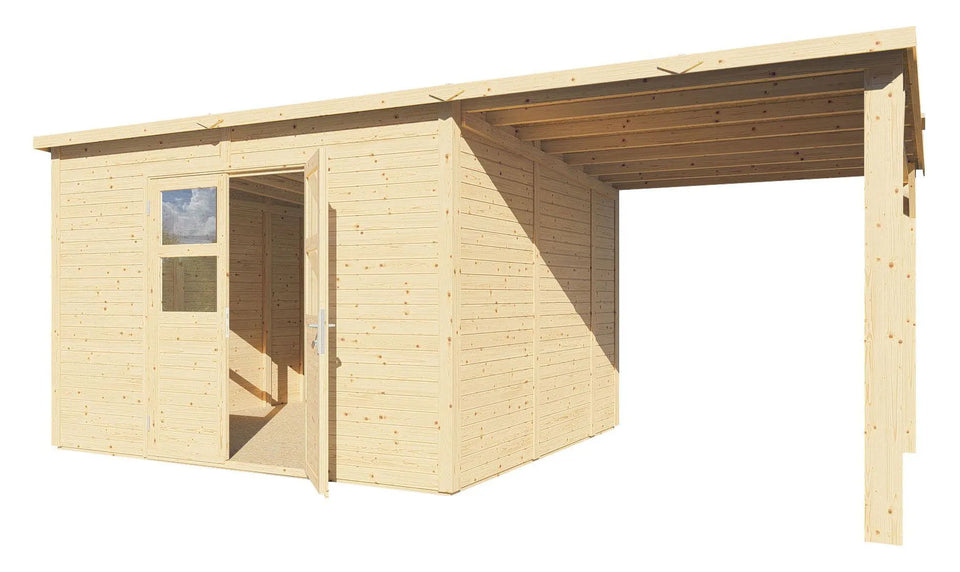 Gartenlaube unbehandelt inkl. Anbaudach und Fußboden, Elementgartenhaus, Grundfläche: 16,41 m², Flachdach, Doppeltür mit Sicherheitsglas