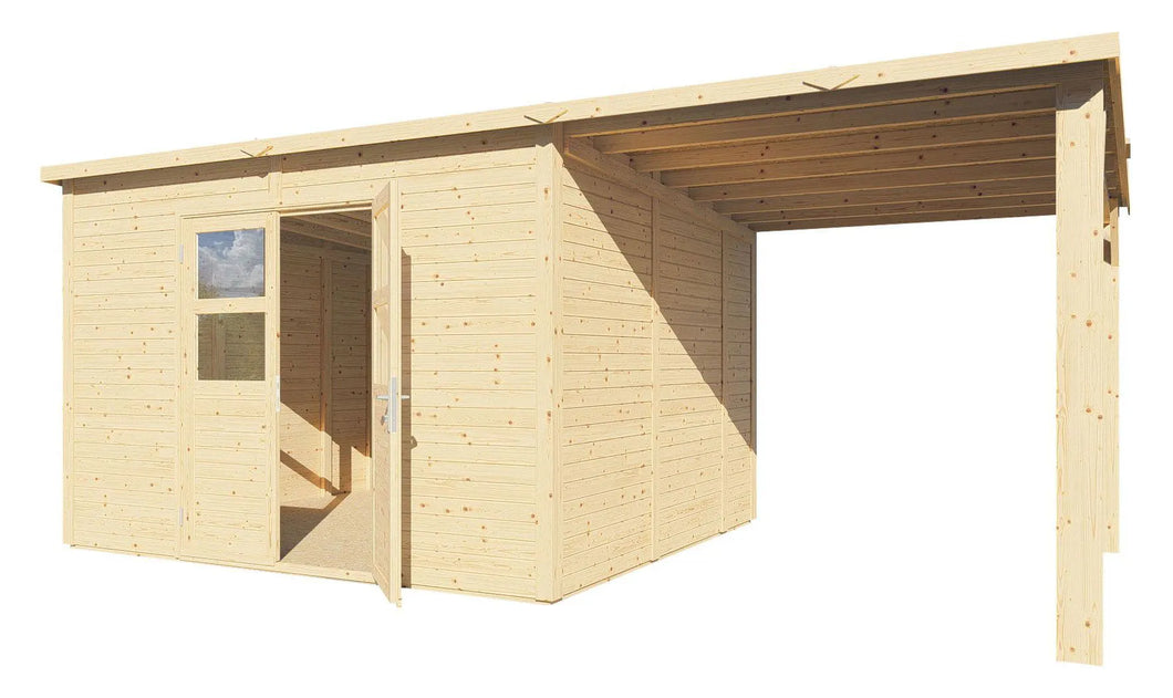 Gartenlaube unbehandelt inkl. Anbaudach und Fußboden, Elementgartenhaus, Grundfläche: 16,41 m², Flachdach, Doppeltür mit Sicherheitsglas