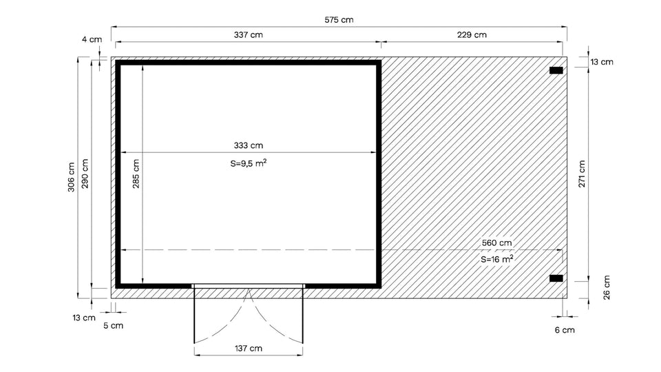 Gartenlaube unbehandelt inkl. Anbaudach und Fußboden, Elementgartenhaus, Grundfläche: 16,41 m², Flachdach, Doppeltür mit Sicherheitsglas
