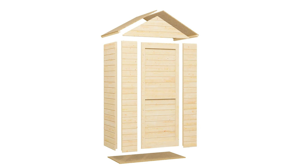 Gerätehaus Korbach 01 inkl. Fußboden, Naturbelassen, Elementgartenhaus, Außenmaße: 121 x 63 cm, Satteldach, Einzeltür aus Massivholz