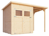 Gartenhaus Dresden 02 mit Anbaudach inkl. Fußboden, Naturbelassen - 14 mm Elementgartenhaus, Nutzfläche: 3,00 m², Pultdach