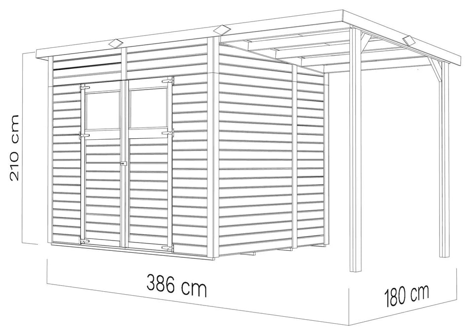 Gartenhaus Dresden 03 mit Anbaudach inkl. Fußboden, Naturbelassen - 14 mm Elementgartenhaus, Nutzfläche: 4,20 m², Pultdach