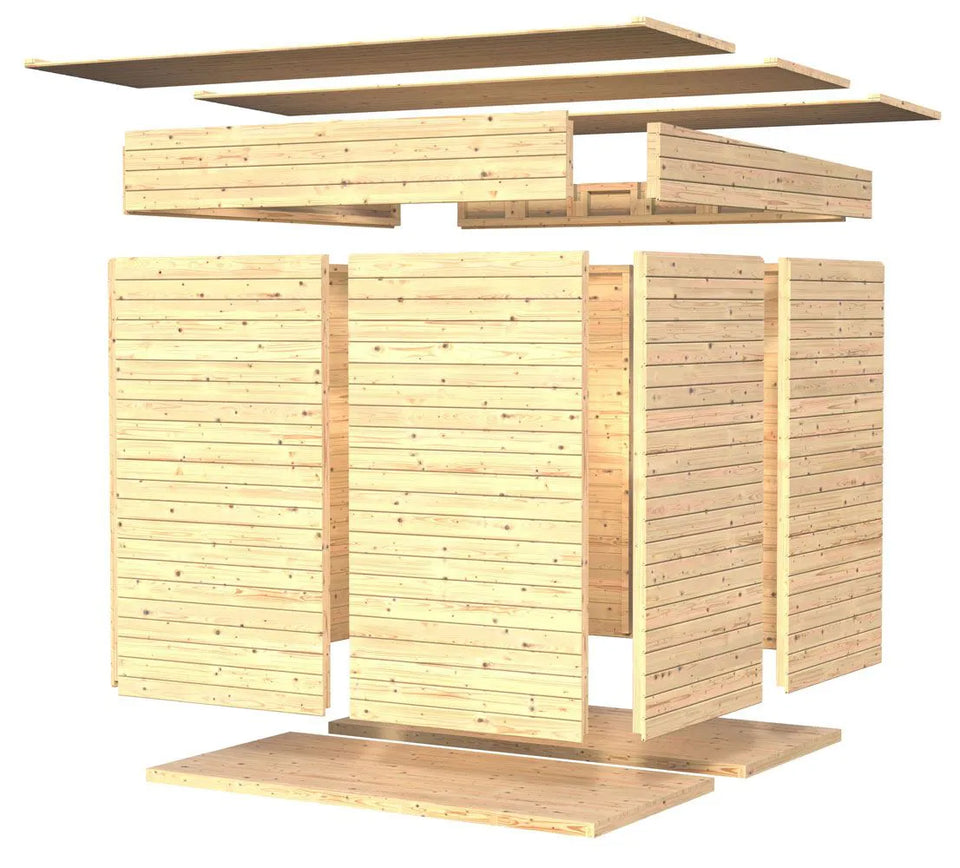 Gartenhaus Dresden 03 mit Anbaudach inkl. Fußboden, Naturbelassen - 14 mm Elementgartenhaus, Nutzfläche: 4,20 m², Pultdach