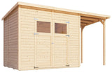 Gartenhaus Dresden 03 mit Anbaudach inkl. Fußboden, Naturbelassen - 14 mm Elementgartenhaus, Nutzfläche: 4,20 m², Pultdach