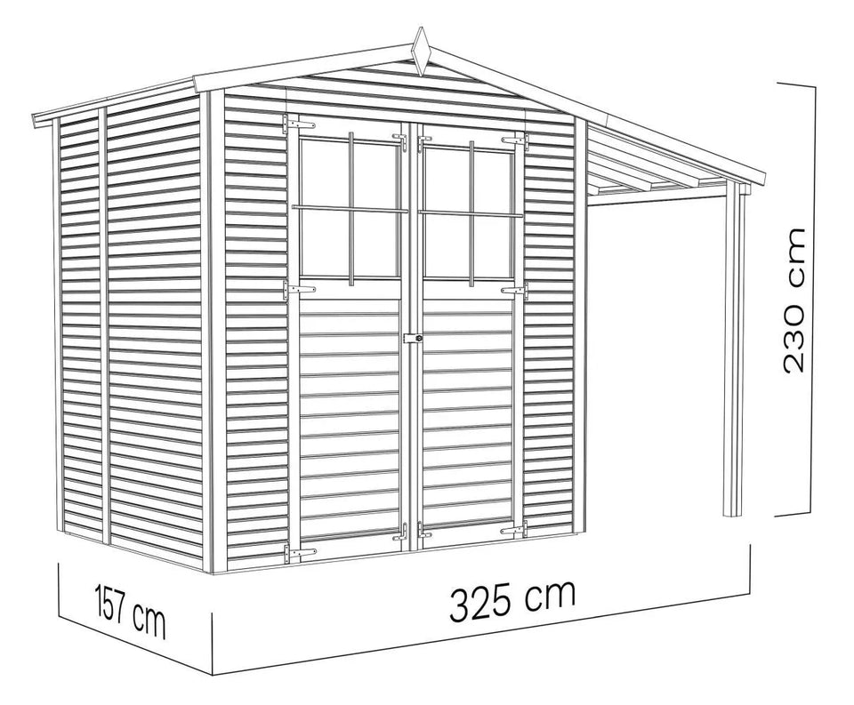 Gerätehaus Karben 02 mit Anbaudach, Naturbelassen - 18 mm Elementgartenhaus, Nutzfläche: 5,08 m², Satteldach