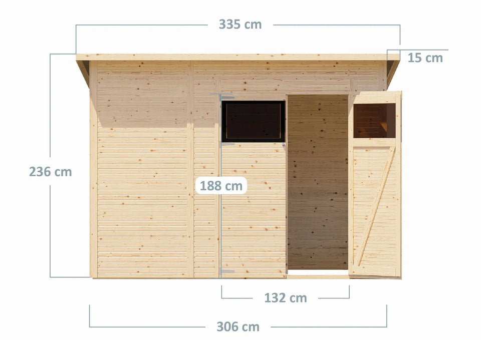 Gerätehaus Menden 04, Naturbelassen - 18 mm Elementgartenhaus, Grundfläche: 6,18 m², Pultdach, Doppeltür aus Massivholz