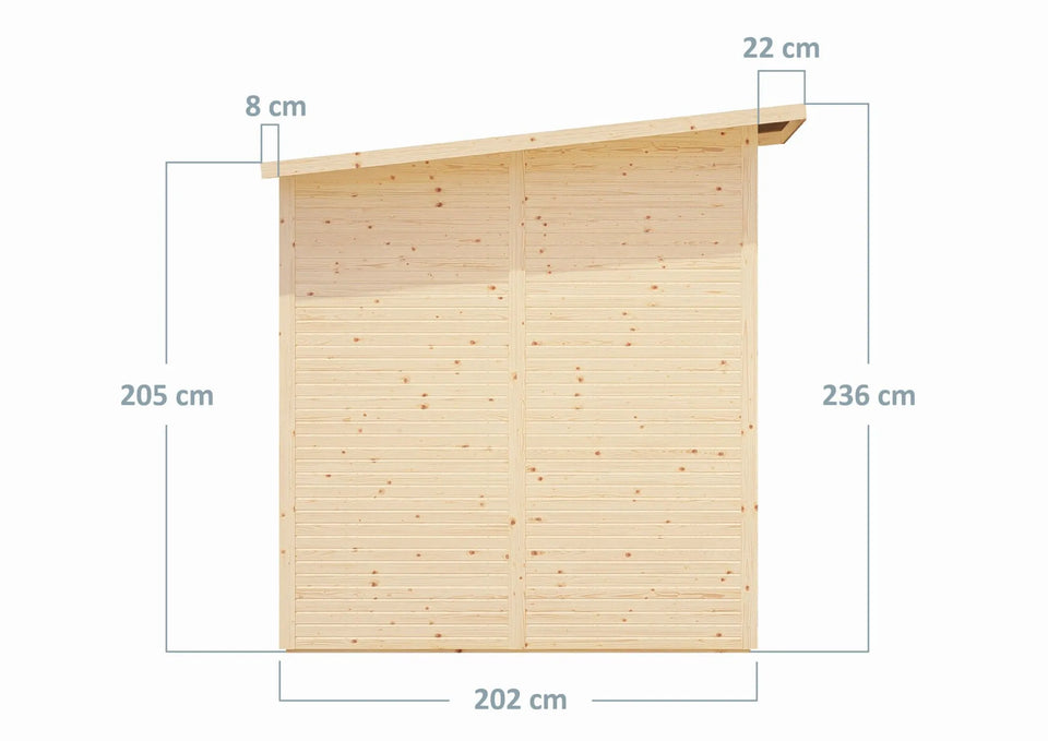 Gerätehaus Menden 04, Naturbelassen - 18 mm Elementgartenhaus, Grundfläche: 6,18 m², Pultdach, Doppeltür aus Massivholz