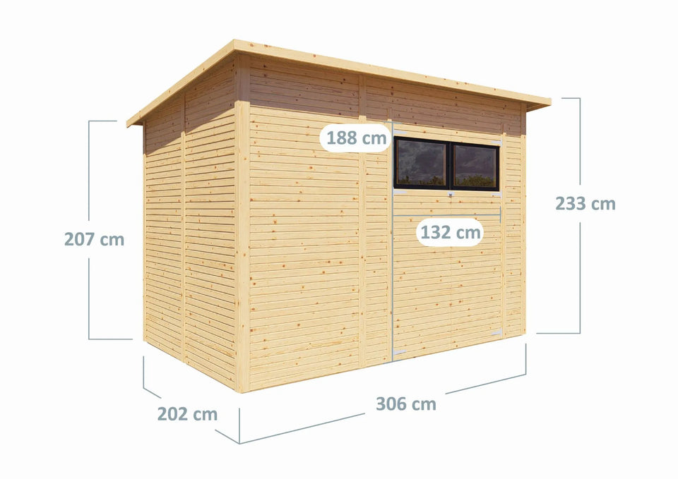 Gerätehaus Menden 04, Naturbelassen - 18 mm Elementgartenhaus, Grundfläche: 6,18 m², Pultdach, Doppeltür aus Massivholz