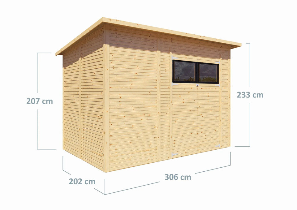 Gerätehaus Menden 04, Naturbelassen - 18 mm Elementgartenhaus, Grundfläche: 6,18 m², Pultdach, Doppeltür aus Massivholz