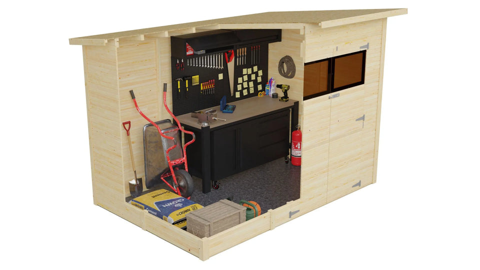 Gerätehaus Menden 04, Naturbelassen - 18 mm Elementgartenhaus, Grundfläche: 6,18 m², Pultdach, Doppeltür aus Massivholz