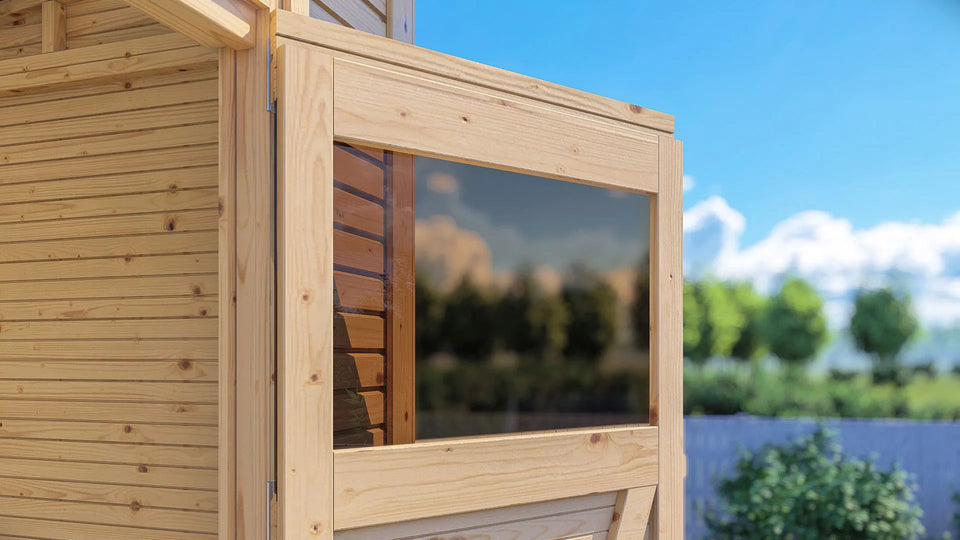 Gerätehaus Menden 04, Naturbelassen - 18 mm Elementgartenhaus, Grundfläche: 6,18 m², Pultdach, Doppeltür aus Massivholz