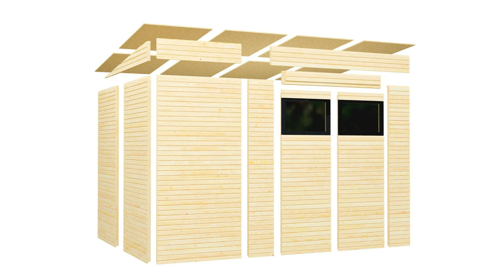 Gerätehaus Menden 04, Naturbelassen - 18 mm Elementgartenhaus, Grundfläche: 6,18 m², Pultdach, Doppeltür aus Massivholz