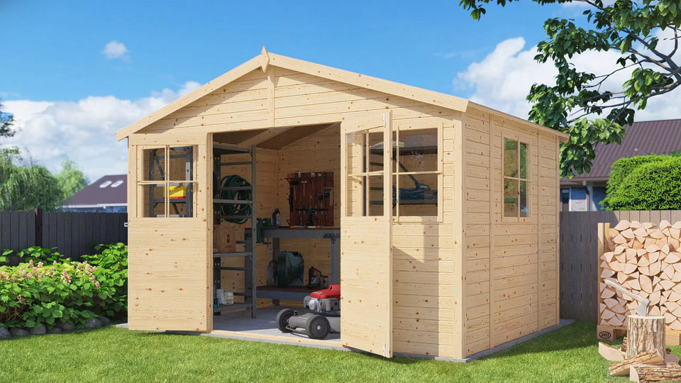 Gartenhaus Freital 01, Naturbelassen, 3,5 x 2,3 Meter, Satteldach, Elementbauweise, Holz-Gerätehaus, einfacher und schneller Aufbau, klassisches Design