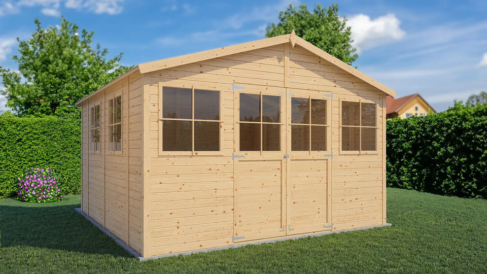 Gartenhaus mit viel Stauraum Freital 02, Naturbelassen, 3,5 x 3,5 Meter, Gerätehaus mit Satteldach, Elementbauweise, 2 Fenster zum Öffnen