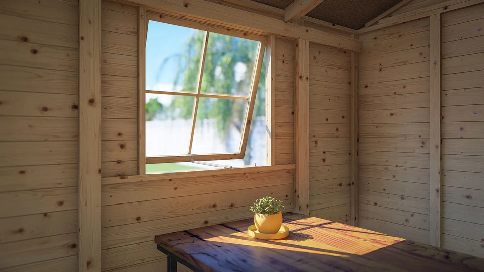 Gartenhaus mit viel Stauraum Freital 02, Naturbelassen, 3,5 x 3,5 Meter, Gerätehaus mit Satteldach, Elementbauweise, 2 Fenster zum Öffnen