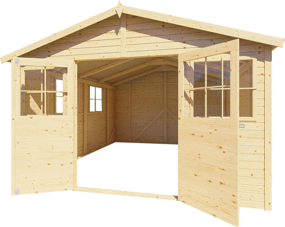 Gartenhaus mit viel Stauraum Freital 02, Naturbelassen, 3,5 x 3,5 Meter, Gerätehaus mit Satteldach, Elementbauweise, 2 Fenster zum Öffnen