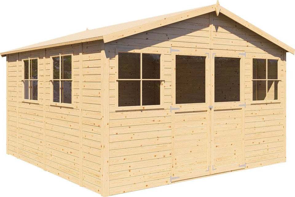 Gartenhaus mit viel Stauraum Freital 02, Naturbelassen, 3,5 x 3,5 Meter, Gerätehaus mit Satteldach, Elementbauweise, 2 Fenster zum Öffnen