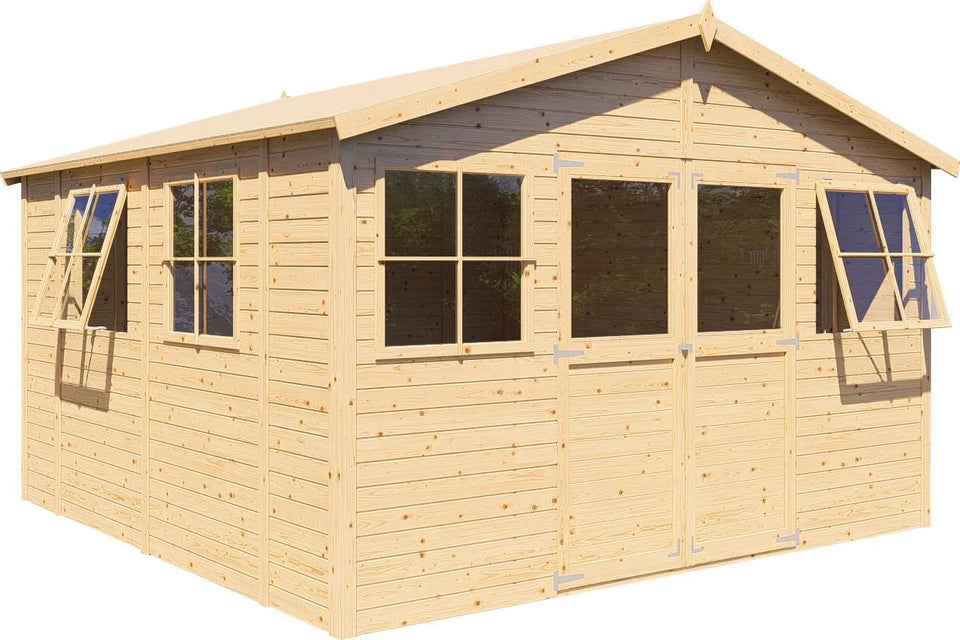 Gartenhaus mit viel Stauraum Freital 02, Naturbelassen, 3,5 x 3,5 Meter, Gerätehaus mit Satteldach, Elementbauweise, 2 Fenster zum Öffnen